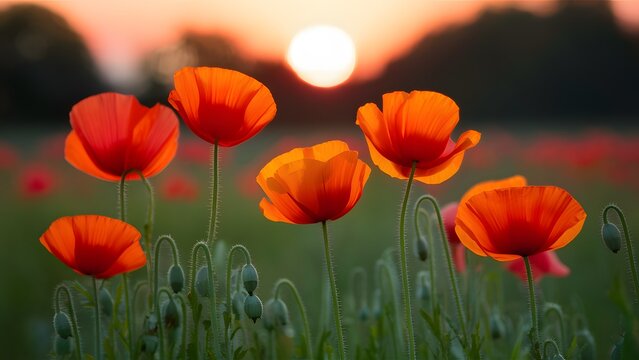 Sunset blurs create a soft backdrop for vibrant poppies