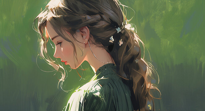 portrait in profile of a young pensive anime woman with braid hairstyle on a green background