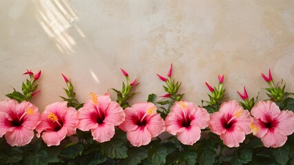 Textured background features sunlight kissed pink hibiscus flower border