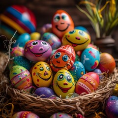 Fototapeta na wymiar Decorated easter eggs in a basket with colorful happy colors
