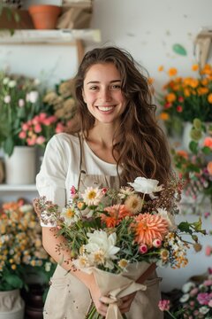 vertical image of smiling young woman florist with a bouquet in a light interior of flower shop