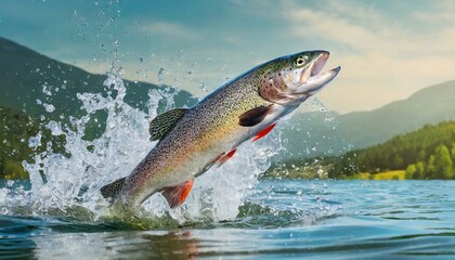 Rainbow trout jumps out of the water with a splash.

