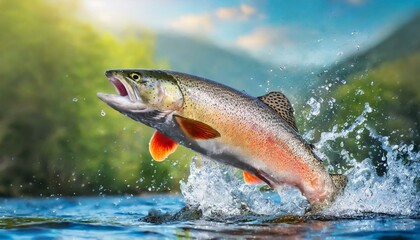 Rainbow trout jumps out of the water with a splash.

