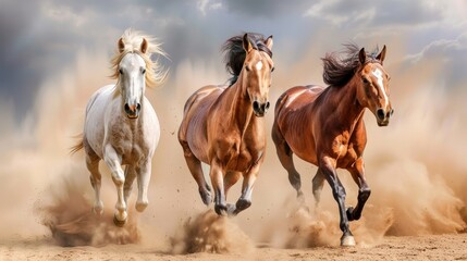 Fototapeta premium Horses portrait run gallop in desert dust background 