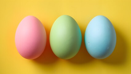 Obraz premium Three Easter eggs pop against a cheerful yellow background