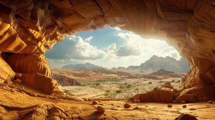 Inside sandstone cave entrance with scenic view of desert 