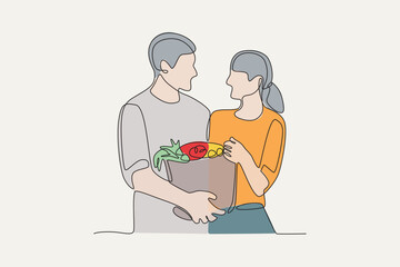 A couple who have finished harvesting vegetables,colored.People picking herbs or veggie one-line drawing