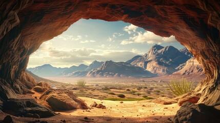 Inside sandstone cave entrance with scenic view of desert 