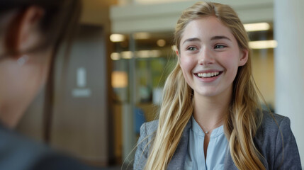 A cheerful woman engages in conversation in a modern office setting.