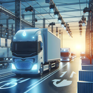 Photo real for Zero emission delivery trucks at a logistics hub with a focus on the company commitment to energy saving practices in logistic innovation abstract theme ,Full depth of field, clean brig