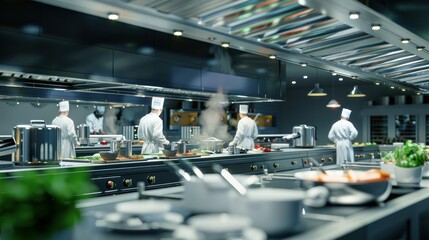 Professional kitchen with chefs cooking, restaurant kitchen with beautiful lights and delicious food. 