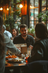 Man at a cozy restaurant with friends enjoying a meal. Social gathering and dining concept for lifestyle content, food blog, and restaurant review with a warm ambient setting