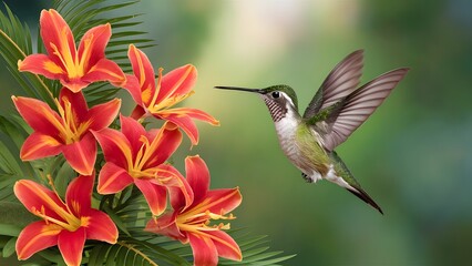Tropical flower background with hummingbird in flight, archilochus colubris