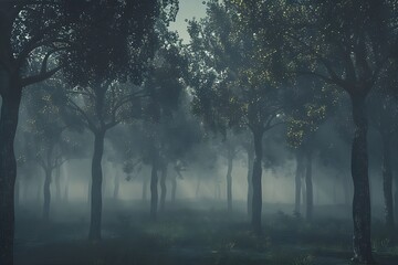Mysterious Foggy Forest - Trees shrouded in mist, creating an atmosphere of mystery and intrigue.

 - obrazy, fototapety, plakaty