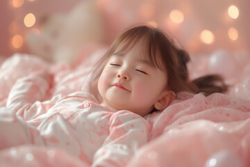 温かみのある眠る幼い女の子 ピンクの玉ボケ背景