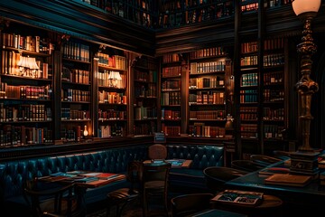 Old World Library Aesthetics - Dimly lit bookshelves and vintage reading spaces in an atmospheric library.

