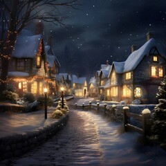 Fototapeta na wymiar Winter night in the village. Illustration in digital painting style.
