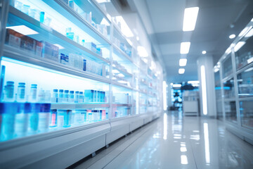 Shelves with medicines in a modern pharmacy. Pharmacy and medicine concept.
