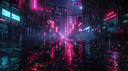cyberpunk streets illustration, portraying a futuristic cityscape engulfed in darkness, with neon lights piercing through the rain and fog, casting an eerie glow on the desolate streets below
