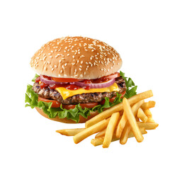  burger with french fries isolated on Transparent Background. Ai generated	