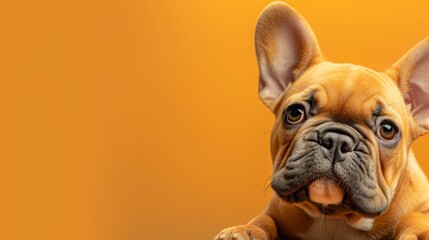 Horizontal Banner for Website of small french bulldog pet with a curious puppy face at on bright yel