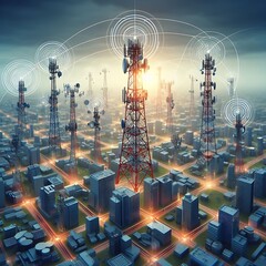 Communication Network Tower with connectivity illustration for social media post - obrazy, fototapety, plakaty