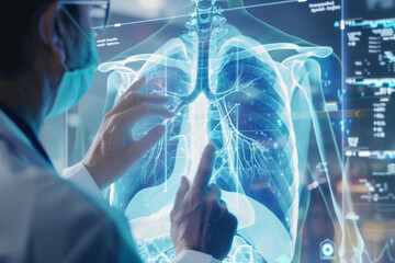 Medicine doctor with electronic medical record of human lungs anatomy with X-ray images Digital healthcare, research and medical technology concept