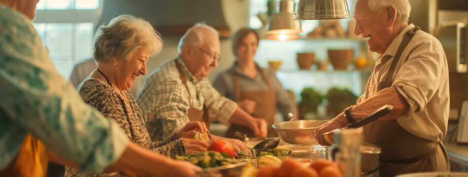 Group of seniors sharing laughter and camaraderie while preparing a meal together.