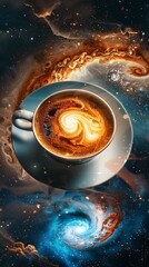 A coffee cup with swirling milk patterns resembling the spiral galaxy of Jupiter, set against an outer space background The design incorporates cosmic blues and warm browns to capture both elegance in