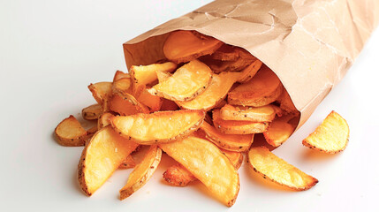Potato chips or French fries in a paper bag on a white insulated background.