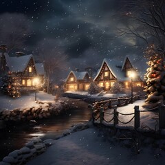Winter village at night in the snow. Winter landscape with houses and trees.