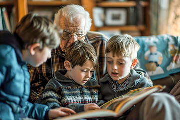 Generations flipping through old photo albums together. Joy and nostalgia as grandparents share their memories, pointing out family members and significant events.