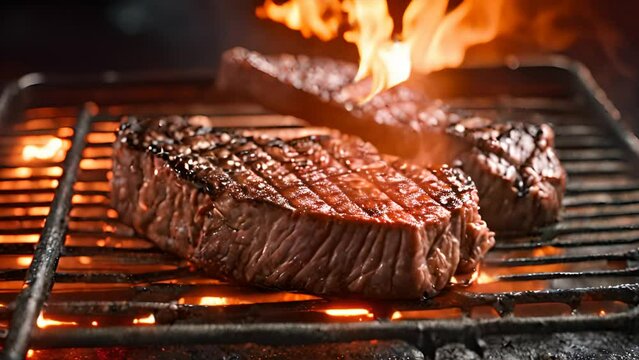 A piece of medium rare meat against the fire. Barbecue on the grill. 