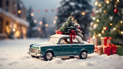 A toy car pulling a Christmas tree and gifts through the snow in a winter park serves as a Christmas décor. - obrazy, fototapety, plakaty
