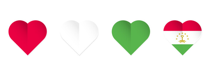 Tajikistan flag in heart shape. Set of hearts with Tajikistan flag colors. Vector illustration isolated on white background.