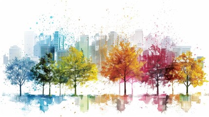 A digital illustration of trees with different colors representing the seasons, set against an urban cityscape background The trees have branches and leaves that form patterns resembling architectural