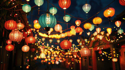 Obraz na płótnie Canvas Vibrant Festive Lanterns Illuminating Night Sky