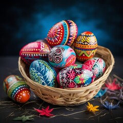 Fototapeta premium Decorated easter eggs in a basket with colorful happy colors