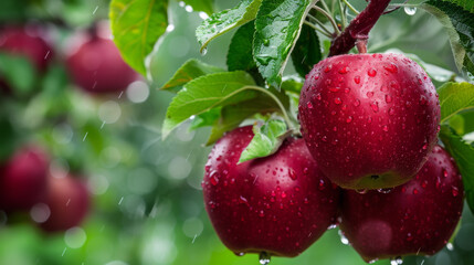 Red apples with water droplets nestled among green leaves.