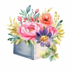 Bouquet of flowers in a box. Watercolor illustration.