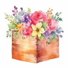 Watercolor bouquet of flowers in a wooden box. Hand-drawn illustration