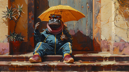 hippo with yellow umbrella