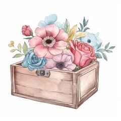 Hand drawn watercolor illustration of a wooden box with anemones and roses.