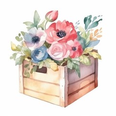 Bouquet of flowers in a wooden box. Watercolor illustration.