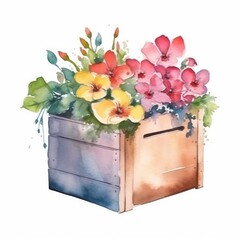 Bouquet of flowers in a wooden box. Watercolor illustration