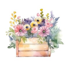 Watercolor bouquet of flowers in a wooden box isolated on white background.