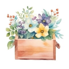 Watercolor bouquet of flowers in a wooden box on a white background