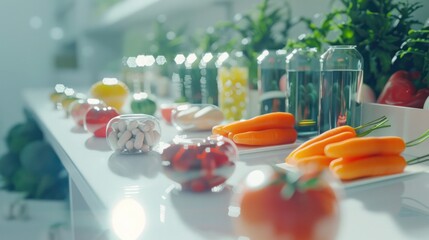  the future of food: lab-grown meat Genetically modified fruits and vegetables, capsules, food technology and food security.  - obrazy, fototapety, plakaty