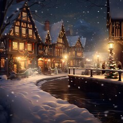 Illustration of the old town in the winter at night with snow