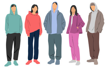  Set of young man and three women , different colors, cartoon character, group of silhouettes of standing business people, students in hoodie, design concept of flat icon, isolated on white background